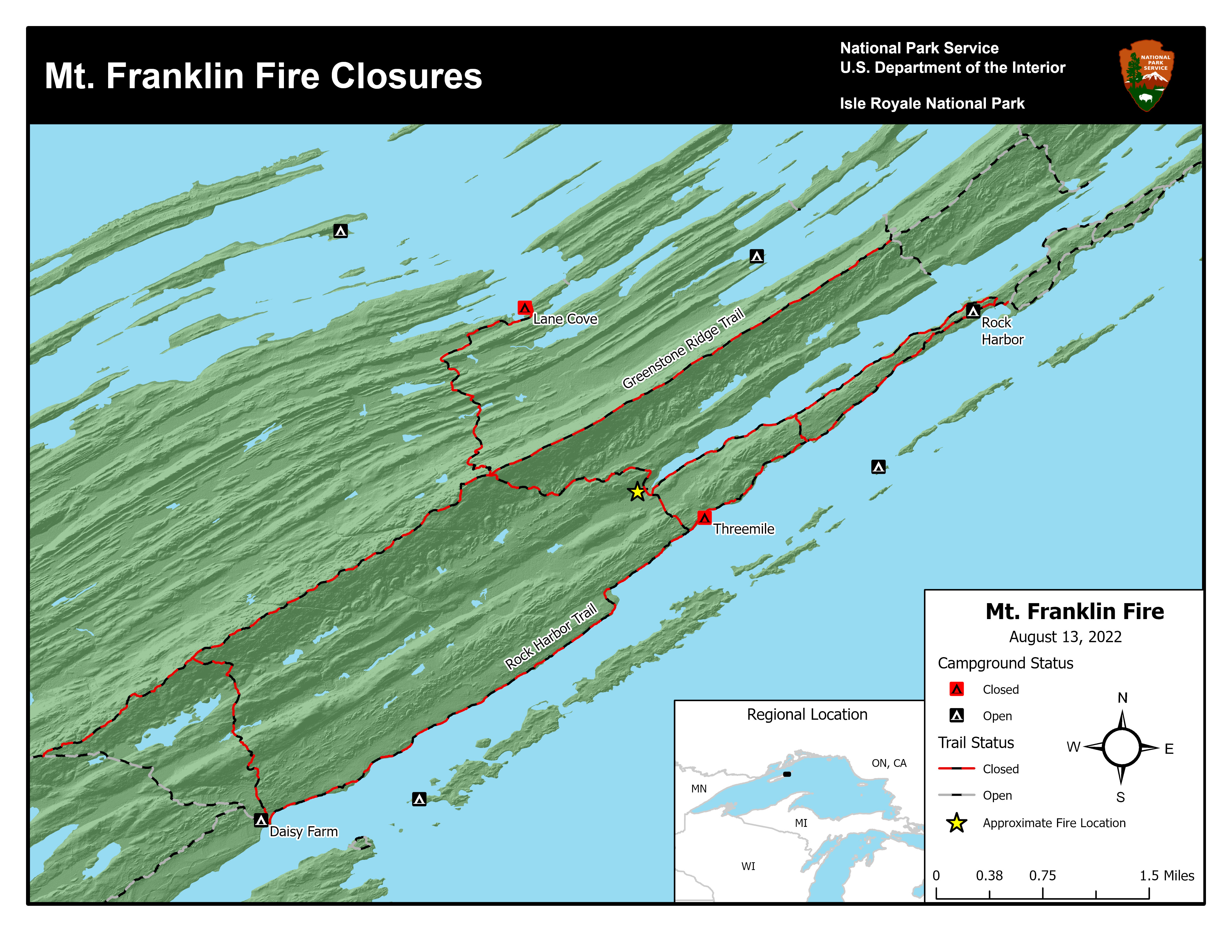 Mt Franklin Fire Closure Map Map of northeastern Isle Royale showing closed trails and campgrounds.