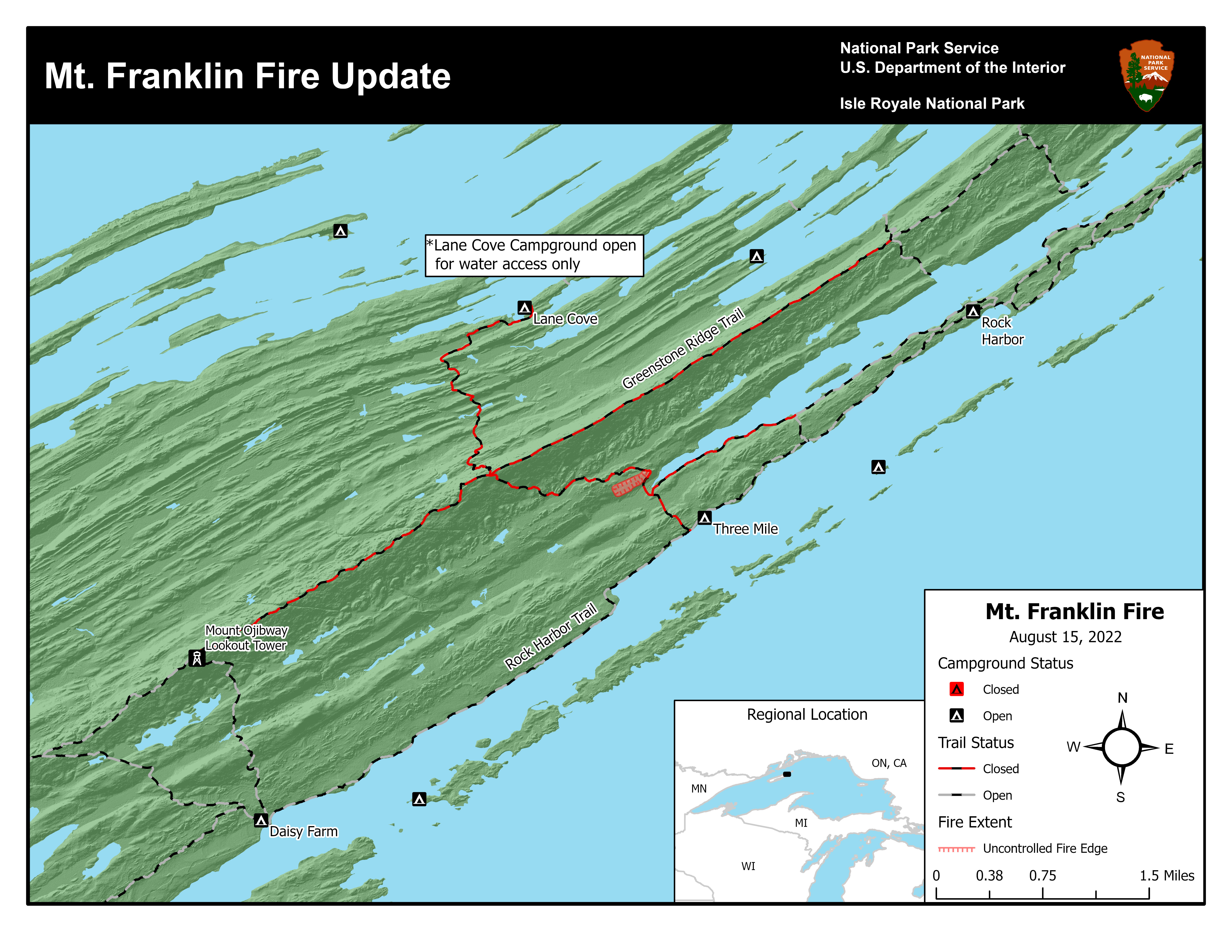 A map of Isle Royale's northeastern area showing closed trails in dashed red lines.