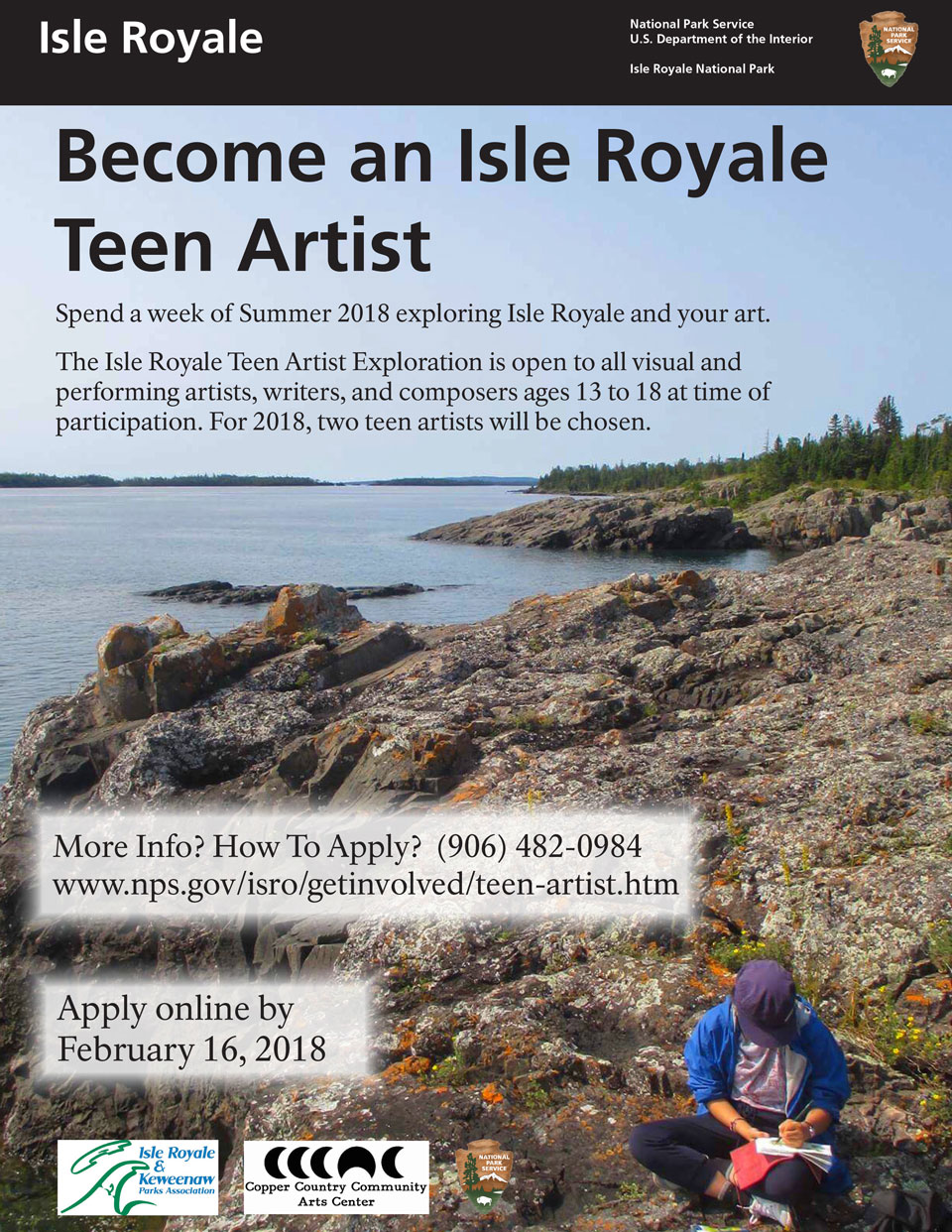 Teen sitting on rocky shoreline sketching. Poster for Teen Artist Exploration Program.