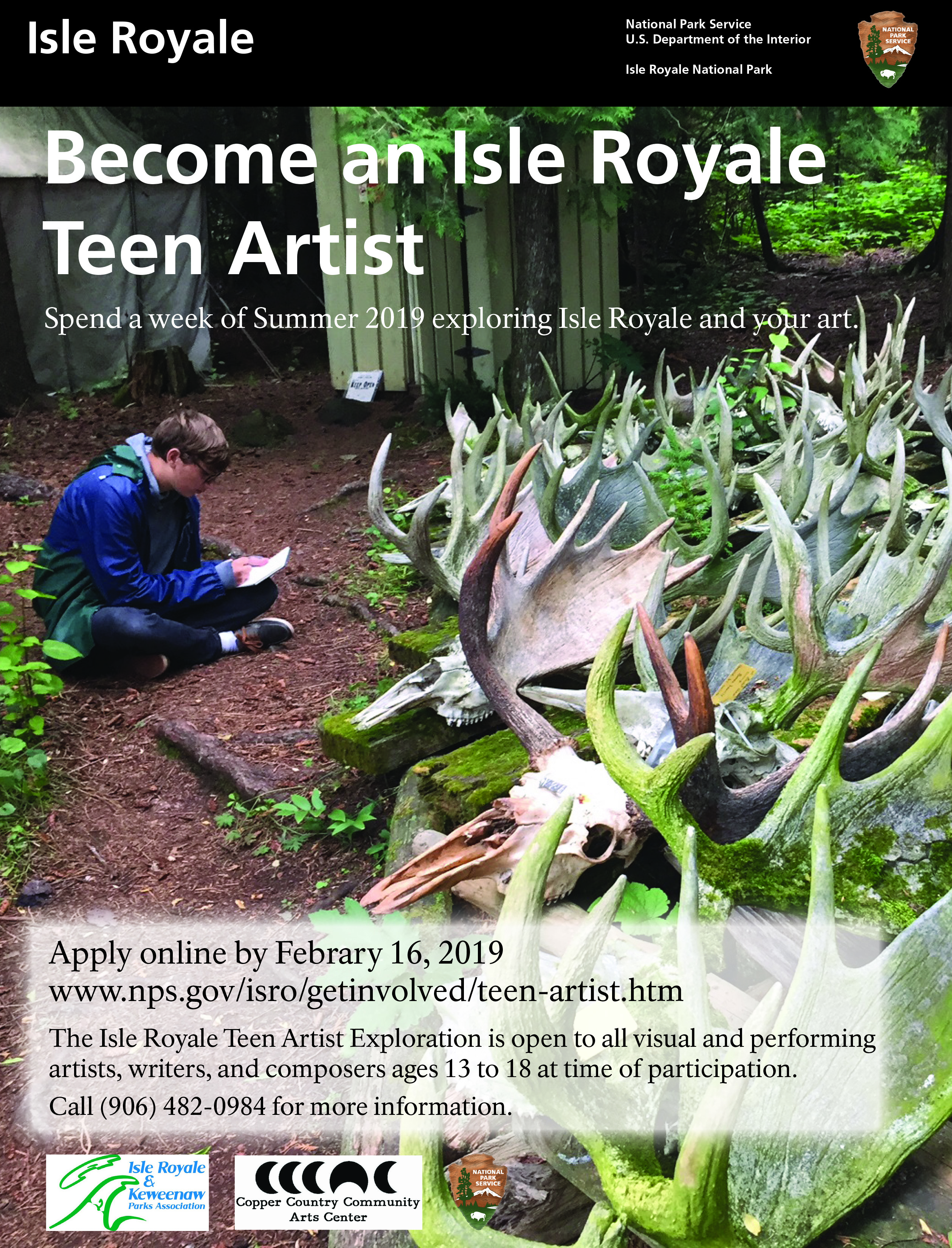 Isle Royale Teen Artist Exploration 2019 Poster Teen Artist sketching in front of moose skulls and antlers