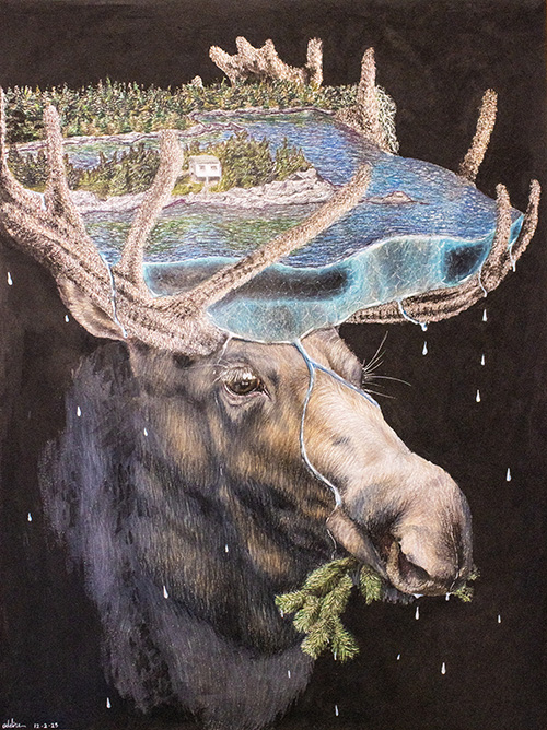An artistic rendering of a moose carrying a miniature ecosystem in its antlers.