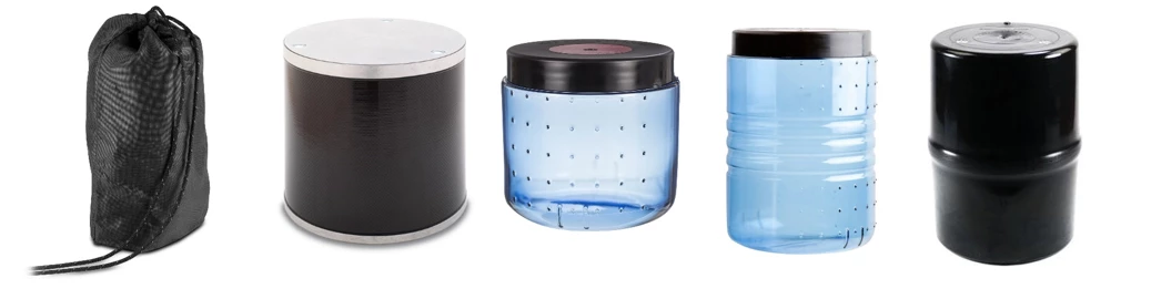 Examples of five different food storage containers, one of which is a bag with draw strings, and four of which are canisters.