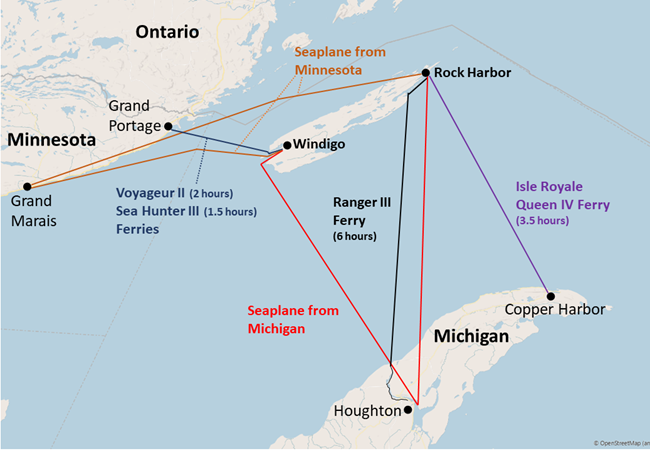 Map of Isle Royale National Park and surrounding area. Seaplane and Transportation options from Michigan and Minnesota are labeled.