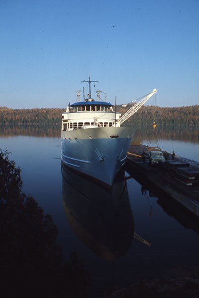 Ranger III ferry unloading cargo using its bow crane at the Windigo dock Ranger III ferry unloading cargo using its bow crane at the Windigo dock