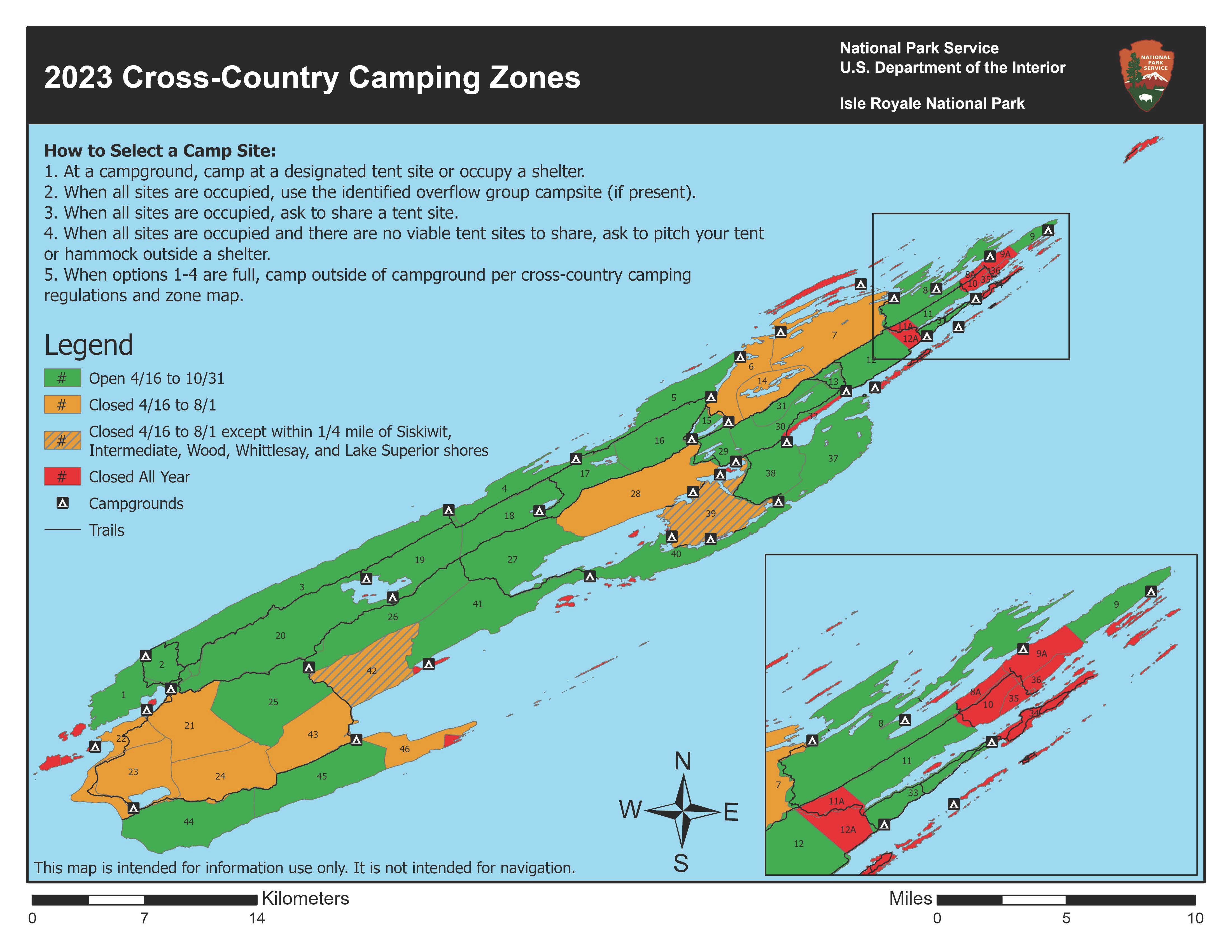 A map of Isle Royale divided into sections based on whether or not cross country camping is permitted in specific locations.