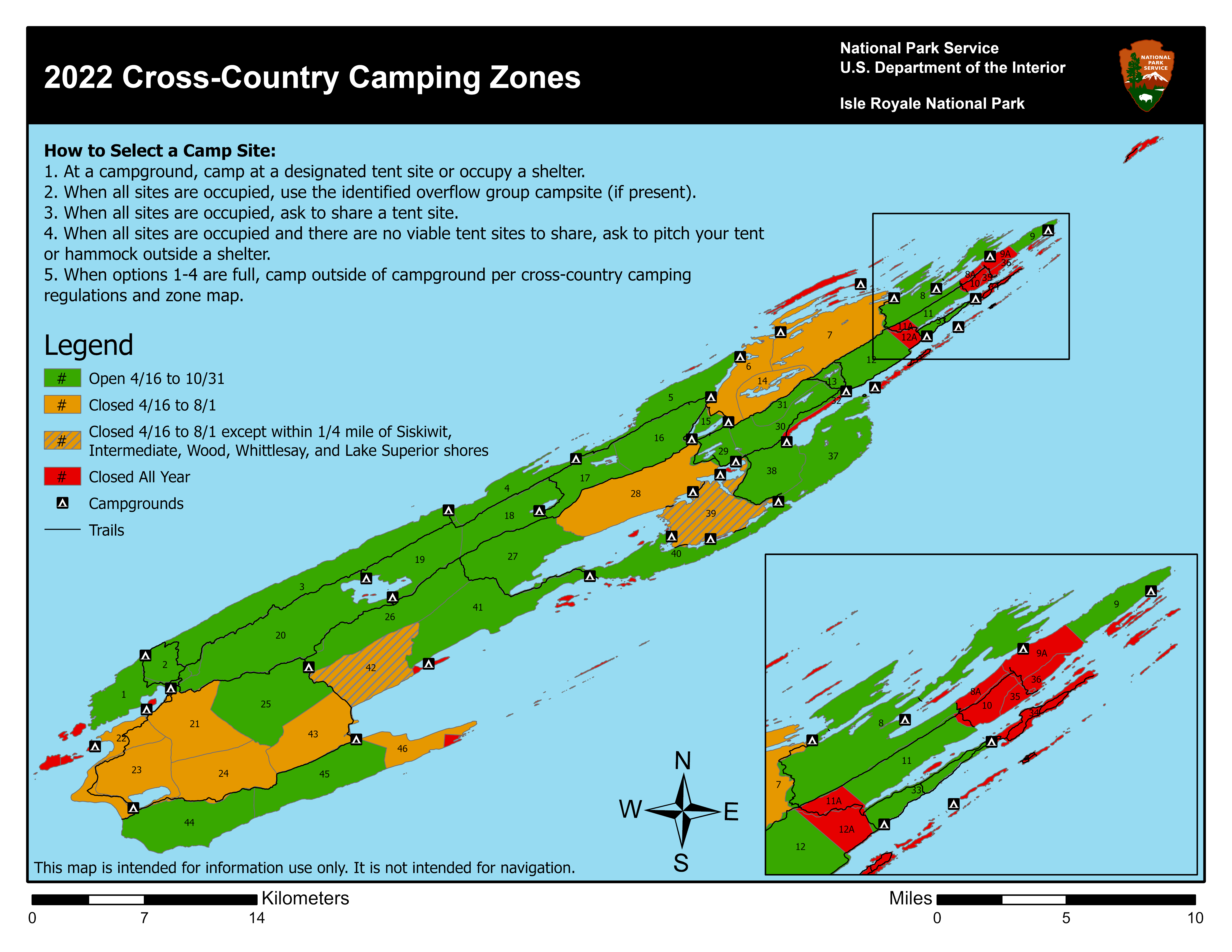 A map of Isle Royale's designated cross country camping zones, labeled in green, yellow, and red.
