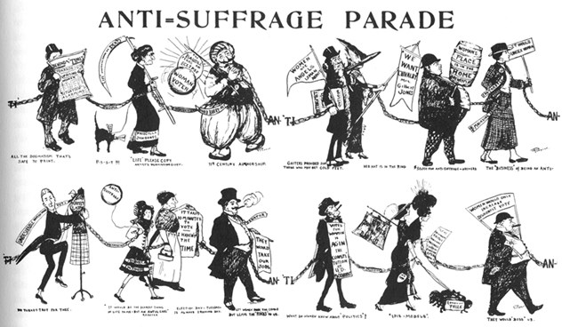 men and women holding signs against women's suffrage