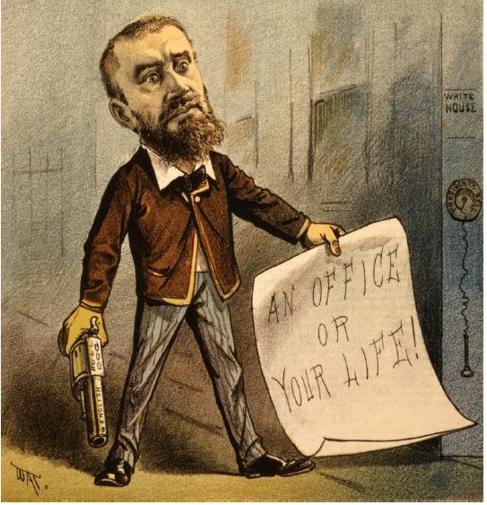 cartoon drawing of the man who killed president Garfield- he is wearing a suit and holding a gun in his left hand