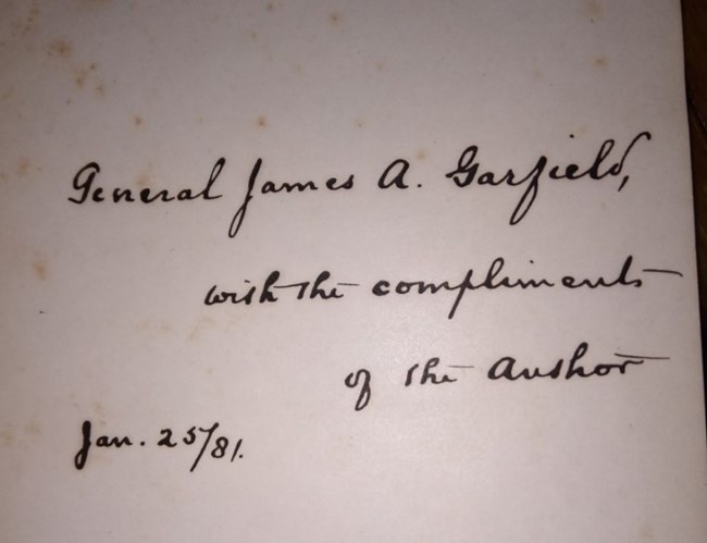 handwritten inscription from 1881 to Pres. Garfield