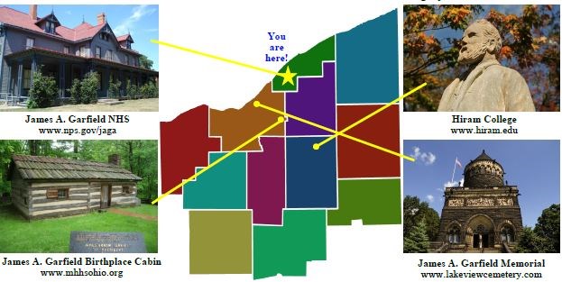 map of northeastern Ohio of James A. Garfield's birthplace, school, home, and burial site