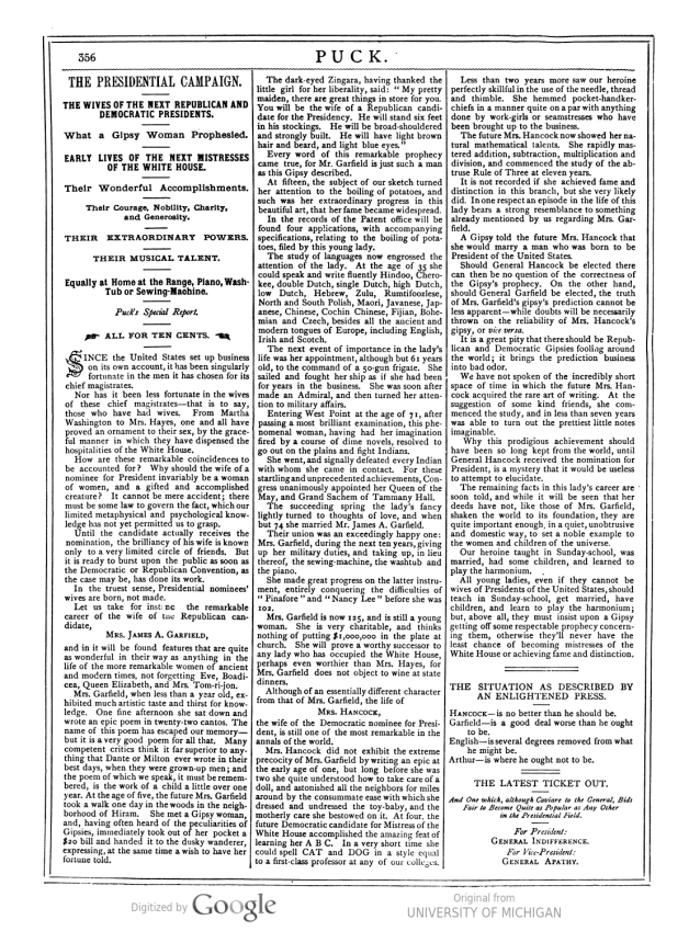 puckmrsgarfield an article written abour Mrs. Garfield in 1880