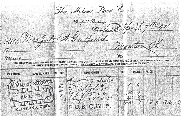 A copy of a receipt for stone a receipt for the berea sandstone used at James A. Garfield NHS