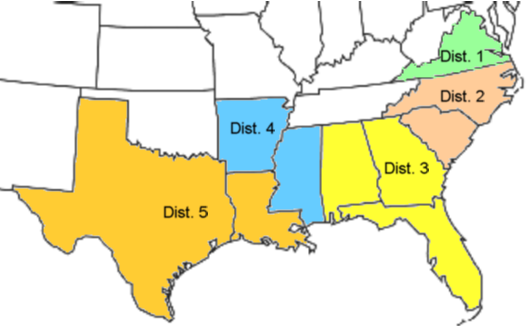 US Reconstruction Military Districts a map of the southern states