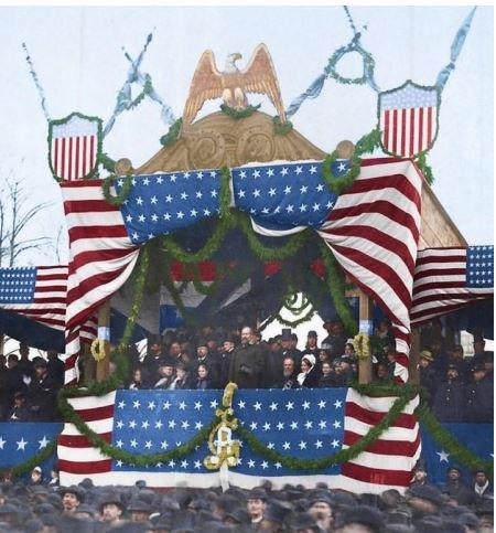 President Garfield standing facing a crowd during his inauguration