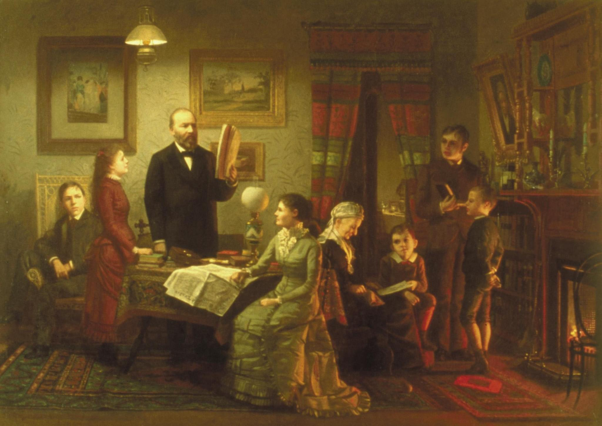 A paintin gives onlookers a wonderful picture of the Garfield family in the parlor of their Mentor home.