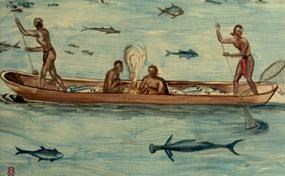 NPS artist Sydney King's interpretation of a 16th-century John White painting of Tidewater Indians fishing