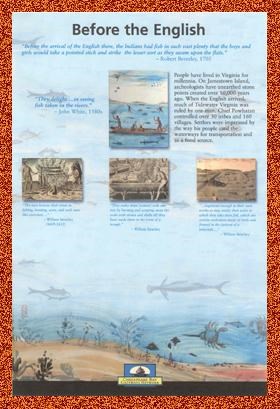 Image of panel one of the Chesapeake Bay exhibit entitled Before the English Image of panel one of the Chesapeake Bay exhibit entitled Before the English