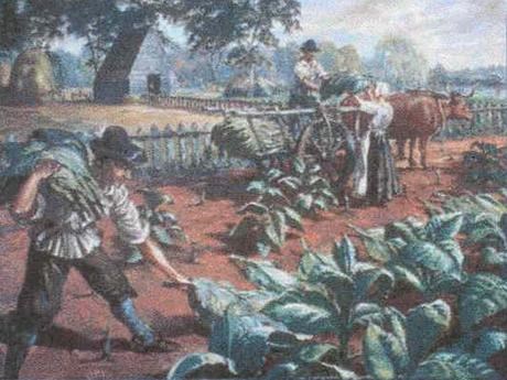 Sidney King Painting of English settlers harvesting tobacco
