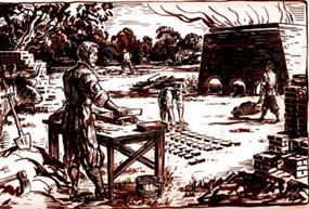 NPS artist Sydney King sketch of brickmaking at Jamestown