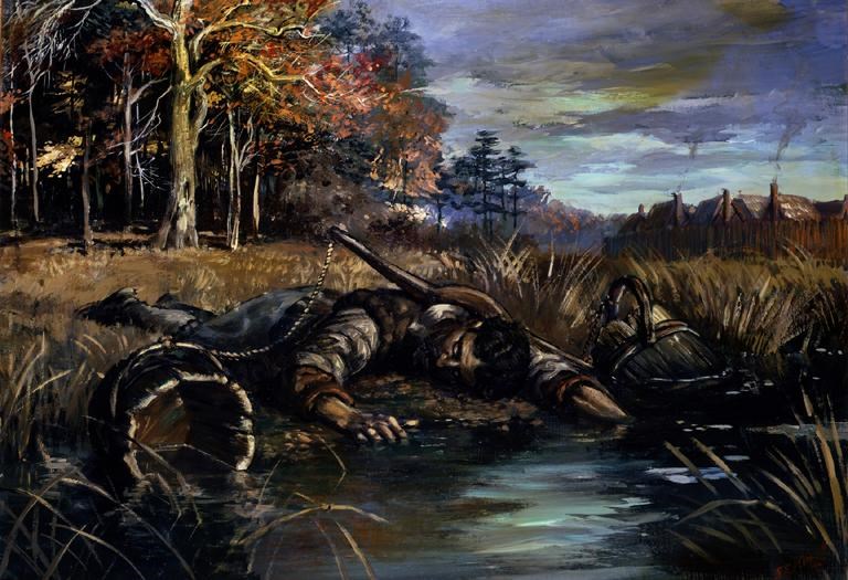 Jamestown's swampy environs claim yet another victim in this painting by NPS artist Sydney King