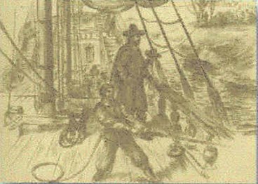 English settlers tie their ship to the trees at Jamestown.