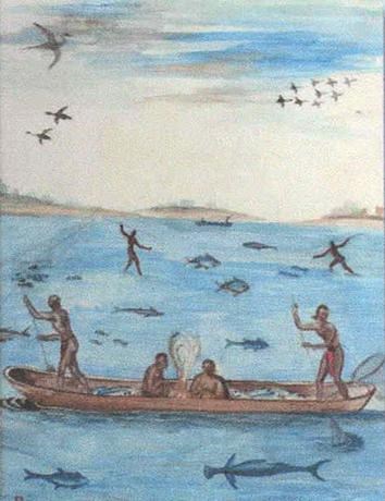 Artist concept of 17th Century Indians fishing from a canoe
