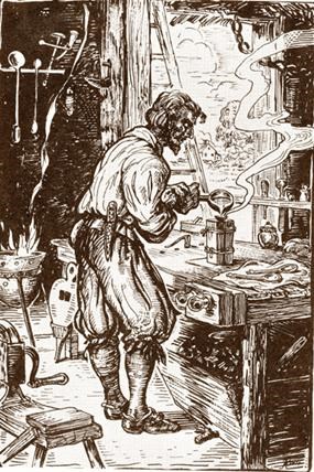 17th-century pewtersmith making spoons