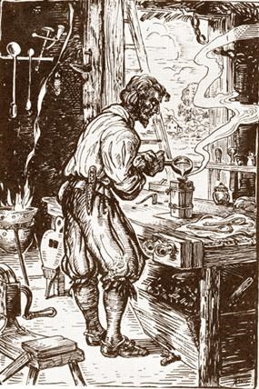 17th-century pewtersmith making spoons 17th-century pewtersmith making spoons