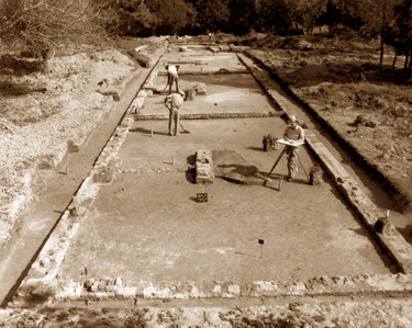 NPS staff maps a rowhouse at the Jamestown townsite in 1956