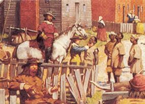 In a detail from NPS artist Keith Rocco's painting of a Jamestown waterside scene in the 1660s, newly-arrived Africans are inspected by an English settler.