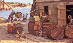 Artist Keith Rocco's interpretation of the Jamestown Wharf area in the 1660s