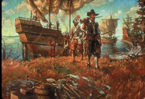 The English arriving to settle Jamestown.
