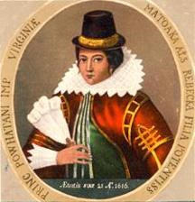 Painting of Pocahontas by Mary Ellen Howe (1994), based on Simon van de Passe's engraving of 1617.