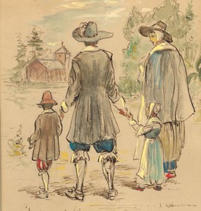 watercolor by NPS artist Sydney King depicting the Jamestown church in the background watercolor by NPS artist Sydney King depicting the Jamestown church in the background