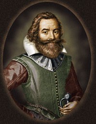 Colorized version of the Simon van de Passe engraving of Captain John Smith on his 1616 Map of New England.