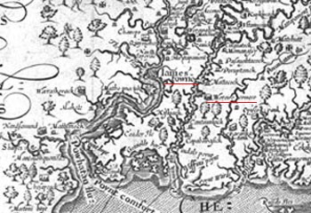 Detail of John Smith's 1612 map showing Powhatan towns; the location of Powhatan's capital of Werowocomoco and Jamestown are underlined in red.