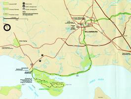 Park map showing the route from Williamsburg to Jamestown Park map showing the route from Williamsburg to Jamestown