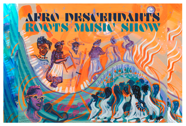 Artist Monica Rose Kelly's depiction of the Gullah Geechee Ring Shouters and Winnsboro Easter Rock Ensemble with both groups painted during a live performance. The Gullah Geechee Ring Shouters are pictured just beneath the heading.