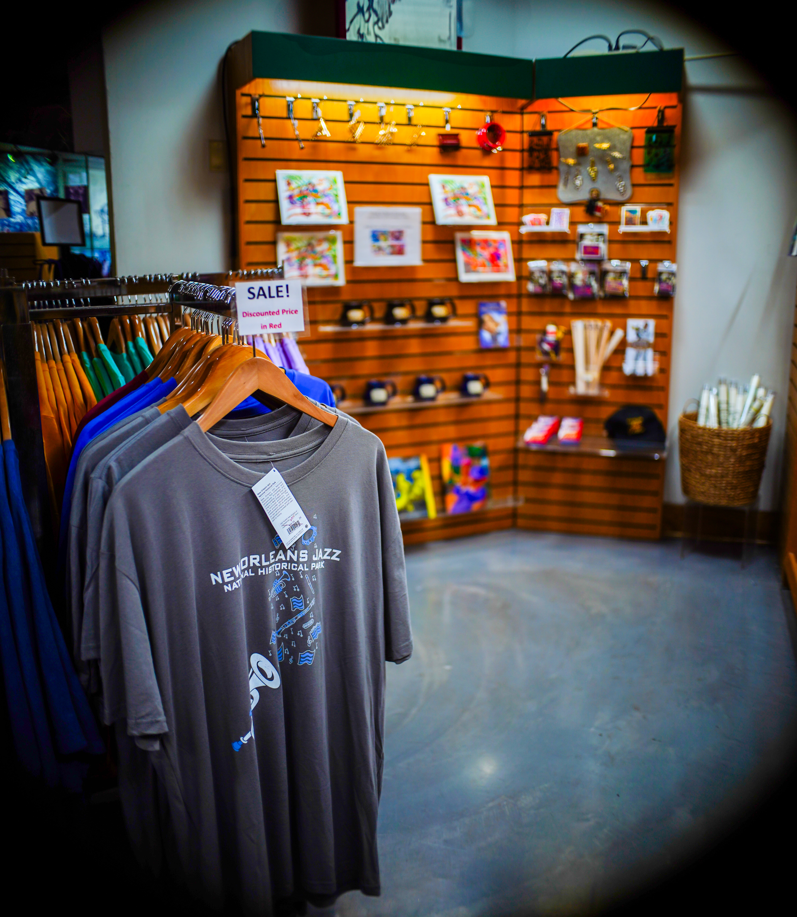 Imagae of a shirt in the New Orleans Jazz gift sift shop.