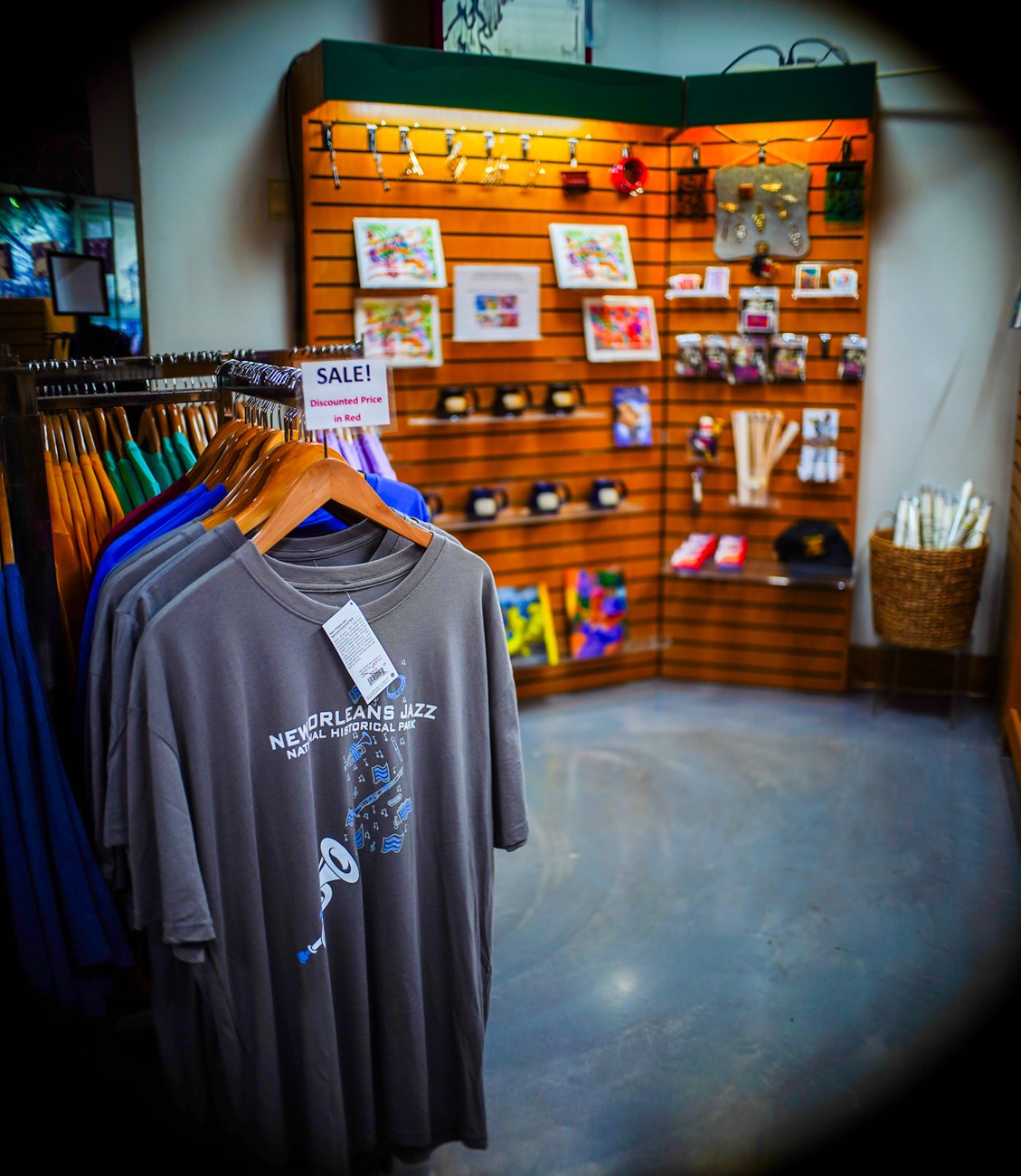 Imagae of a shirt in the New Orleans Jazz gift sift shop.