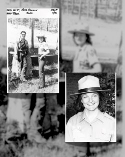 A male Ranger with chainsaw and chaps standing next to a female Ranger in regular Park Service Uniform, is pictured in the top left of the slide. A headshot of a female Ranger smiling is in the bottom right of the slide. All in front of a blurred image as