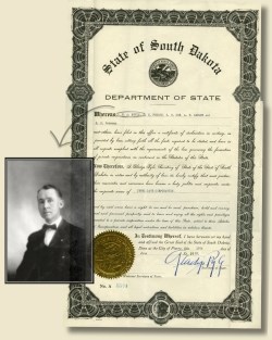 Document declaring the validity of the JCC (Courtesy South Dakota State Archives/ Right) with the name W.A. Nevin circled and pointing to a photo of a black and white photo of a well-dressed man (left).