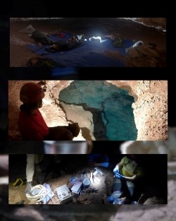 Cave explorers in sleeping bags on top of a blue tarp in a cave (top). Volunteer cave explorer wearing red and looking at a pristine blue cave lake (middle). Volunteer cave explorers at a campsite, with camping and caving gear spread out on top of a rock