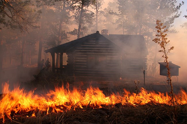 A fire rages with the historic cabin in the backround