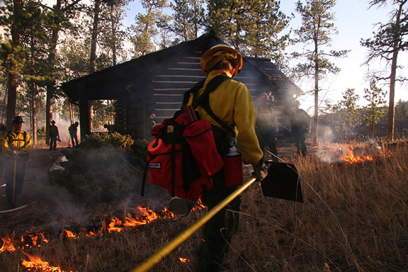 A wildland firefighter crew manages a firebreak next to the historic cabin