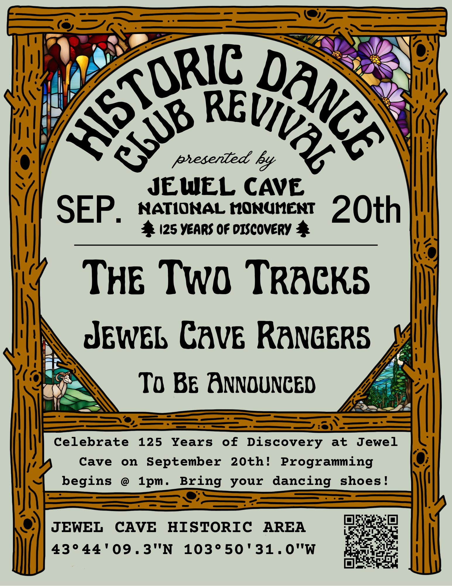 A poster advertising the Historic Dance Club Revival. A poster that reads “Historic Dance Club Revival” presented by Jewel Cave National Monument, September 20 with performers listed, directions and a QR code.