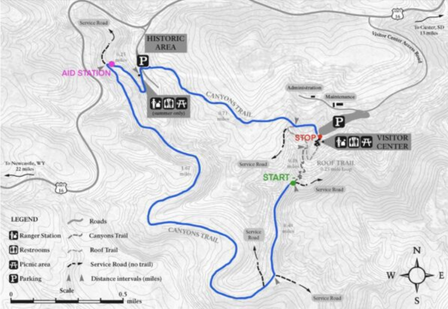 Canyons Trail A map with the Canyons Trail highlighted in blue and denoting the aid station, starting and stopping points.