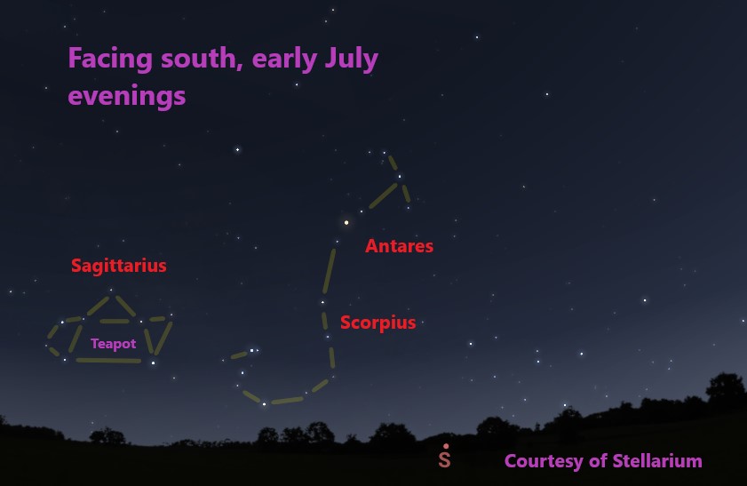 the enormous red supergiant Antares, white dots and colored lines on a dark background provide a map of the night sky.