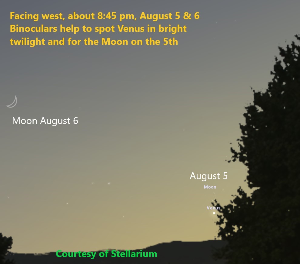 Trees and images of a very thin crescent moon are seen on a map of the twilight sky.