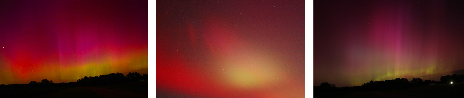 Northern Lights Pinks and greens are seen above a horizon formed by trees